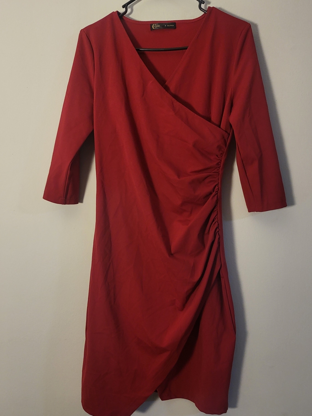 Red Wrap-Style Midi Dress with Ruched Side